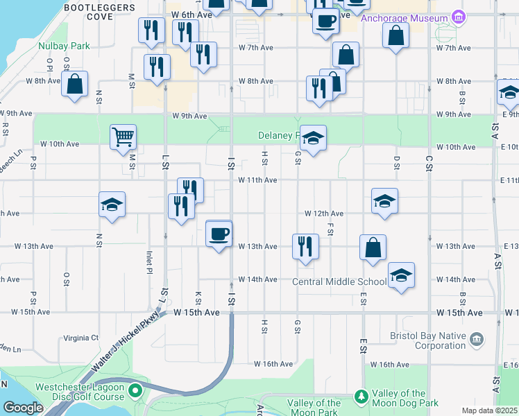 map of restaurants, bars, coffee shops, grocery stores, and more near 1144 H Street in Anchorage