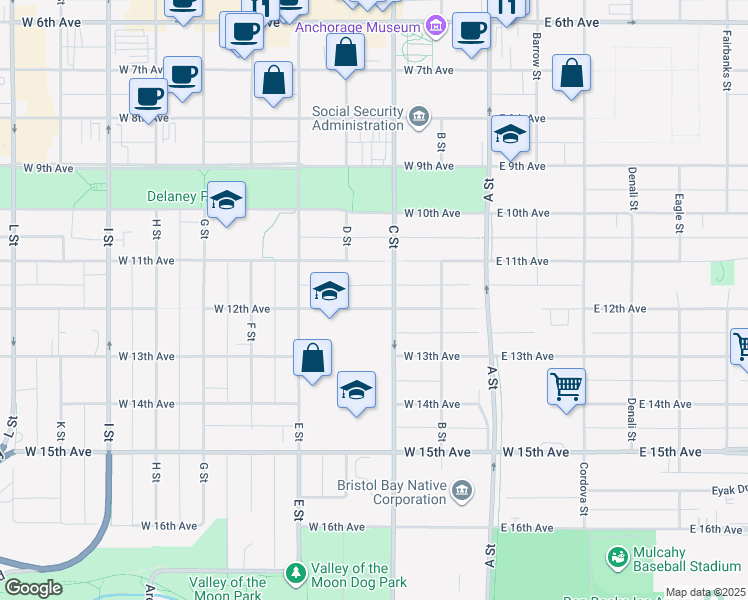 map of restaurants, bars, coffee shops, grocery stores, and more near 319 West 12th Avenue in Anchorage