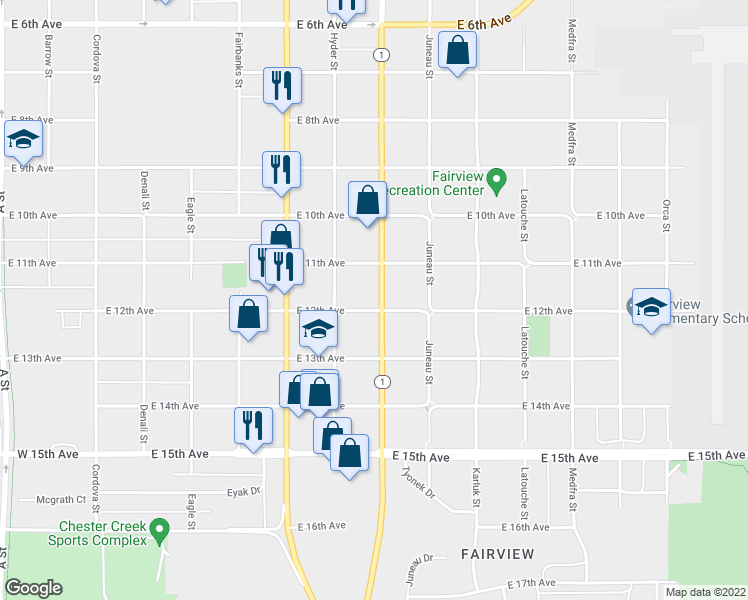 map of restaurants, bars, coffee shops, grocery stores, and more near 843 East 12th Avenue in Anchorage