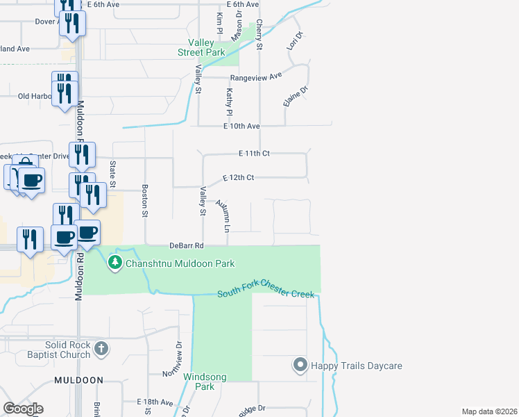 map of restaurants, bars, coffee shops, grocery stores, and more near 1311 Farrow Circle in Anchorage