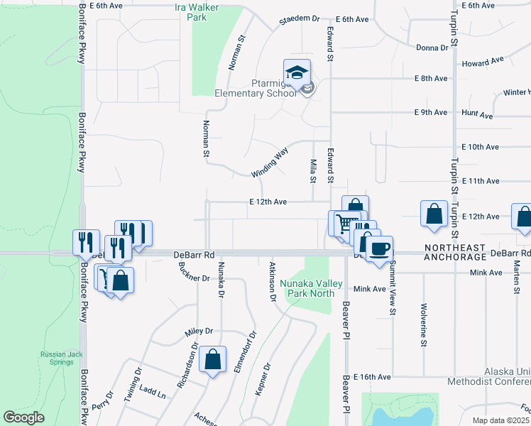 map of restaurants, bars, coffee shops, grocery stores, and more near 6049 Debarr Road in Anchorage