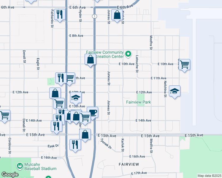 map of restaurants, bars, coffee shops, grocery stores, and more near 944 East 12th Avenue in Anchorage