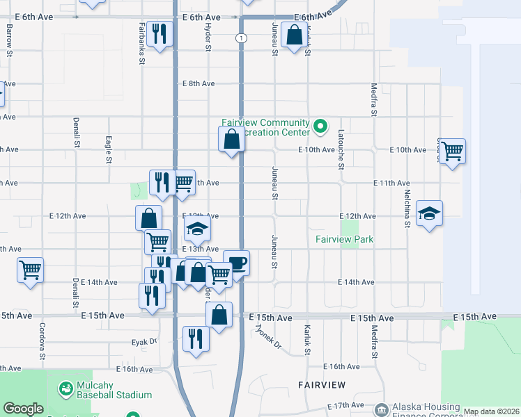 map of restaurants, bars, coffee shops, grocery stores, and more near 904 East 12th Avenue in Anchorage
