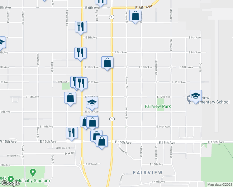 map of restaurants, bars, coffee shops, grocery stores, and more near 904 East 12th Avenue in Anchorage