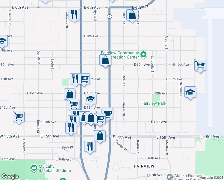 map of restaurants, bars, coffee shops, grocery stores, and more near 904 East 12th Avenue in Anchorage