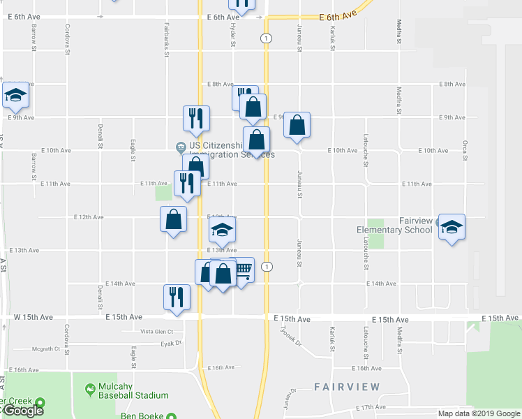 map of restaurants, bars, coffee shops, grocery stores, and more near 818 East 12th Avenue in Anchorage