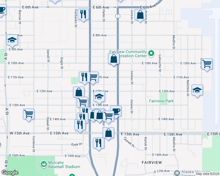 map of restaurants, bars, coffee shops, grocery stores, and more near 818 East 12th Avenue in Anchorage