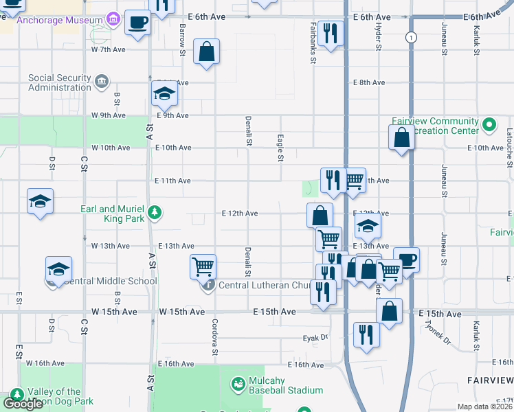 map of restaurants, bars, coffee shops, grocery stores, and more near 1201 Denali Street in Anchorage