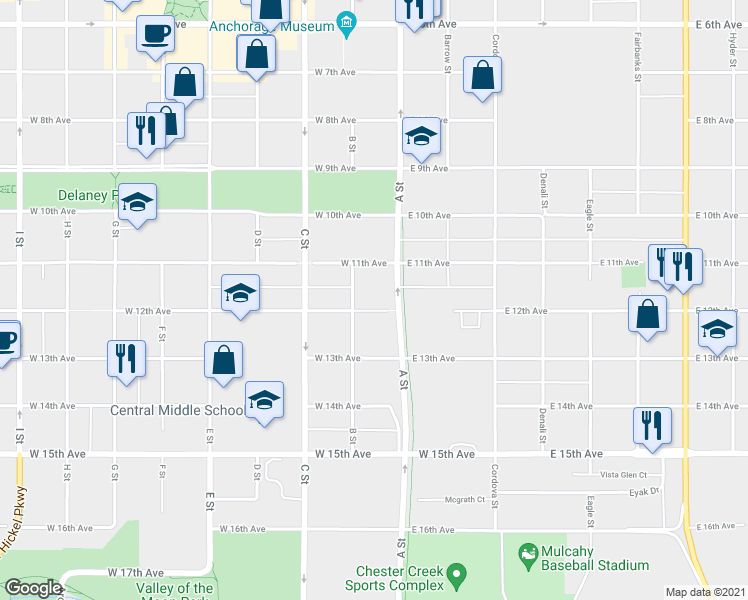 map of restaurants, bars, coffee shops, grocery stores, and more near 134 West 12th Avenue in Anchorage