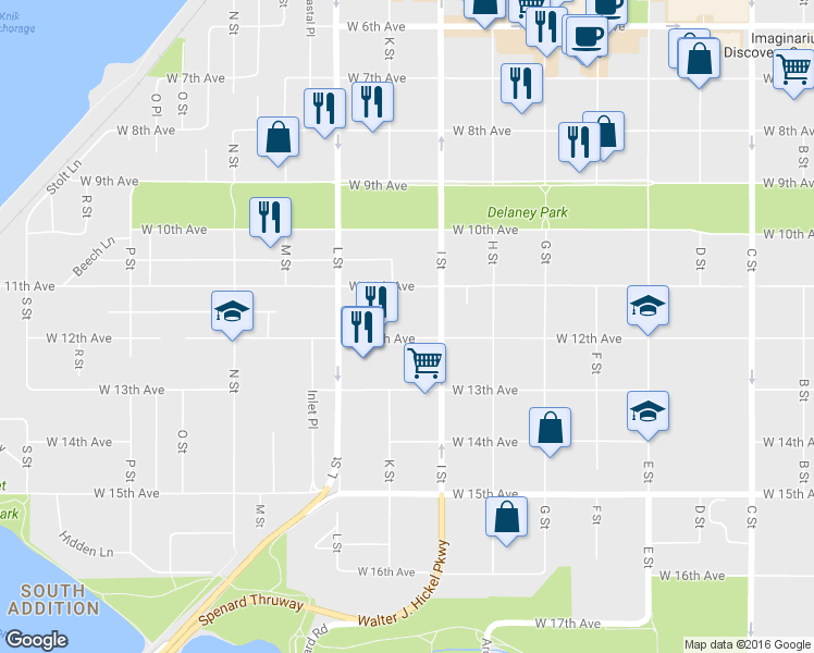 map of restaurants, bars, coffee shops, grocery stores, and more near 1200 I Street in Anchorage