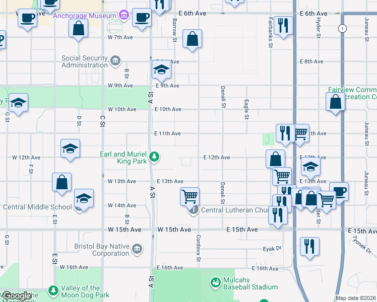 map of restaurants, bars, coffee shops, grocery stores, and more near 227 East 12th Avenue in Anchorage