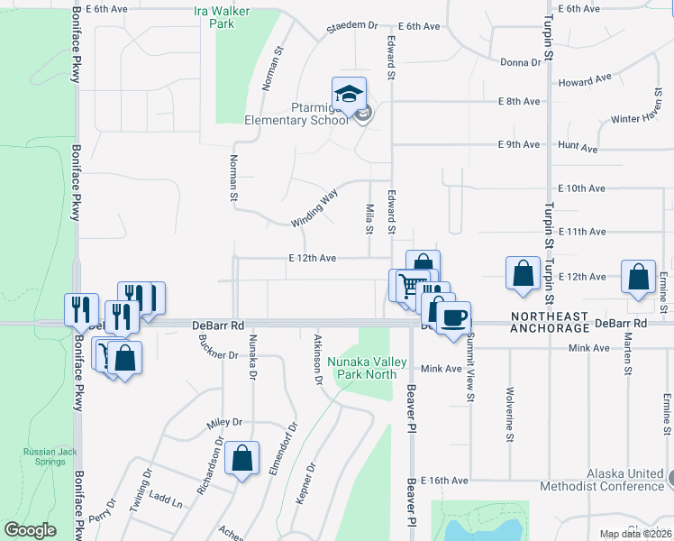map of restaurants, bars, coffee shops, grocery stores, and more near 6129 Debarr Road in Anchorage