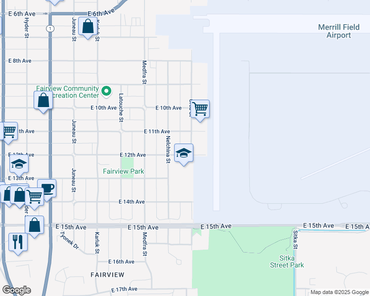 map of restaurants, bars, coffee shops, grocery stores, and more near 1141 Nelchina Street in Anchorage