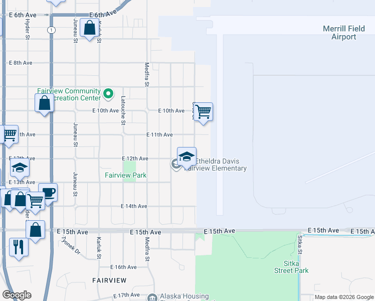map of restaurants, bars, coffee shops, grocery stores, and more near 1141 Nelchina Street in Anchorage
