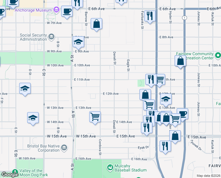 map of restaurants, bars, coffee shops, grocery stores, and more near 1201 Denali Street in Anchorage