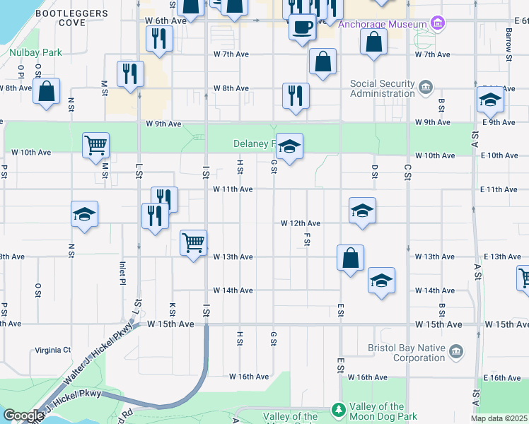 map of restaurants, bars, coffee shops, grocery stores, and more near 1210 G Street in Anchorage