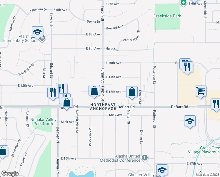 map of restaurants, bars, coffee shops, grocery stores, and more near 6721 East 12th Avenue in Anchorage