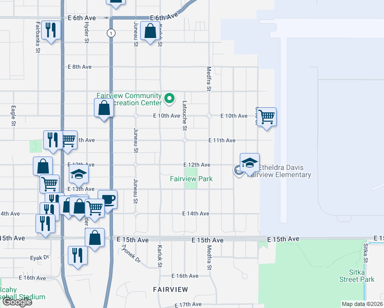 map of restaurants, bars, coffee shops, grocery stores, and more near Latouche Street in Anchorage