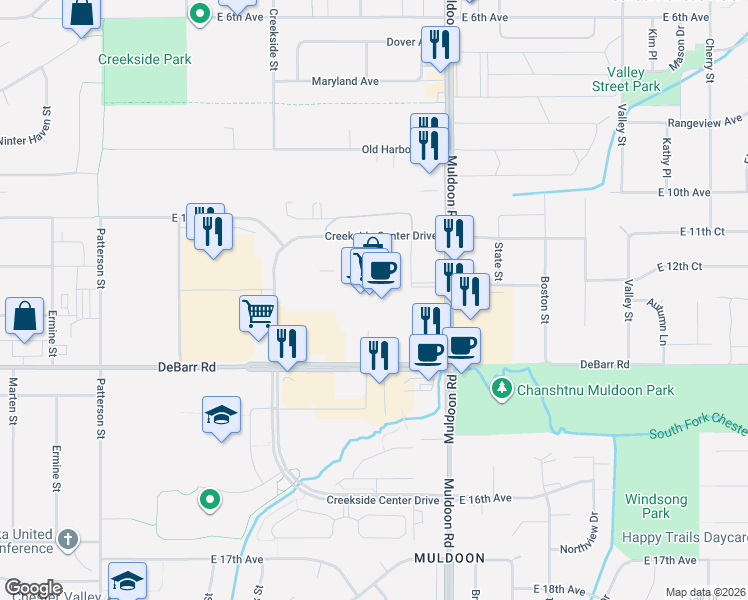 map of restaurants, bars, coffee shops, grocery stores, and more near 7701 DeBarr Road in Anchorage