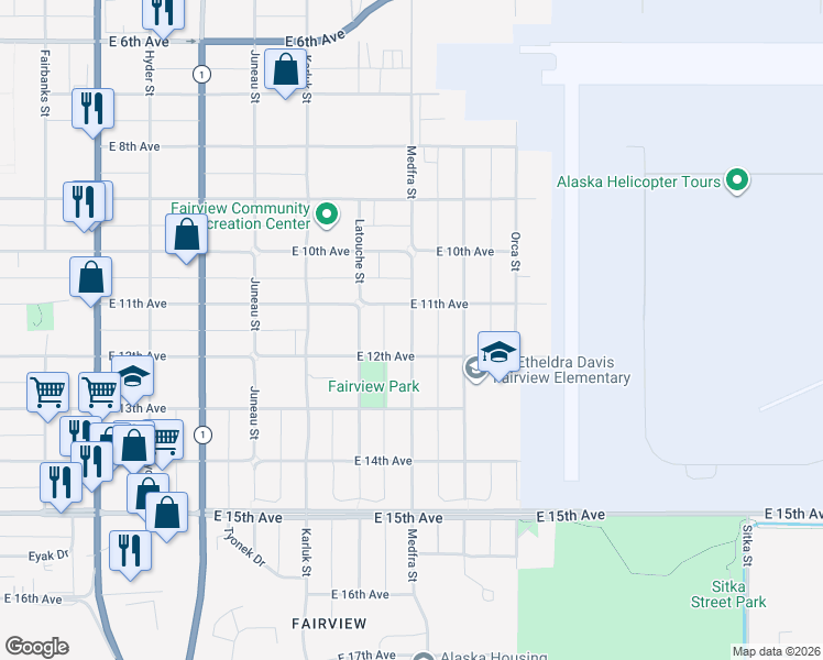 map of restaurants, bars, coffee shops, grocery stores, and more near 1127 Medfra Street in Anchorage