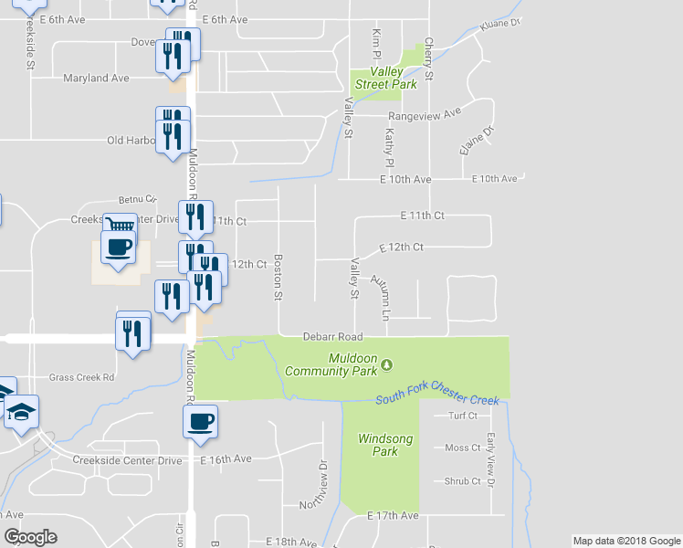 map of restaurants, bars, coffee shops, grocery stores, and more near 1251 Friendly Lane in Anchorage