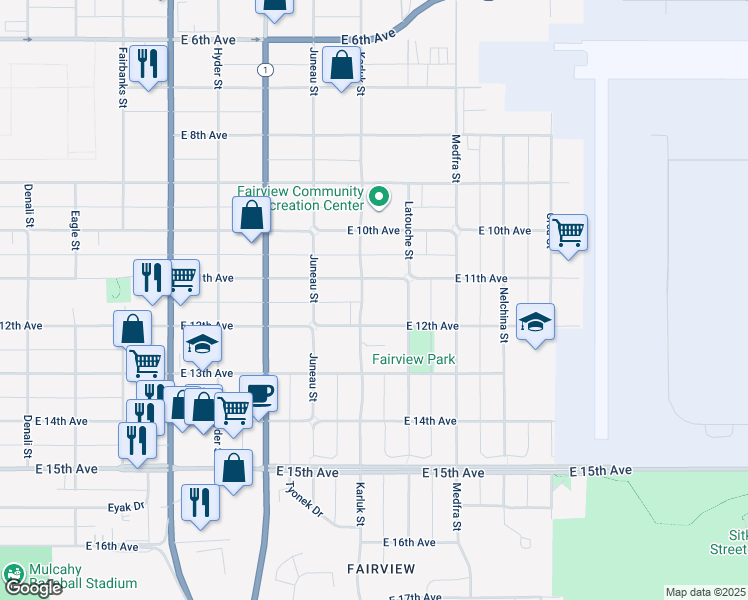 map of restaurants, bars, coffee shops, grocery stores, and more near 1211 Karluk Street in Anchorage
