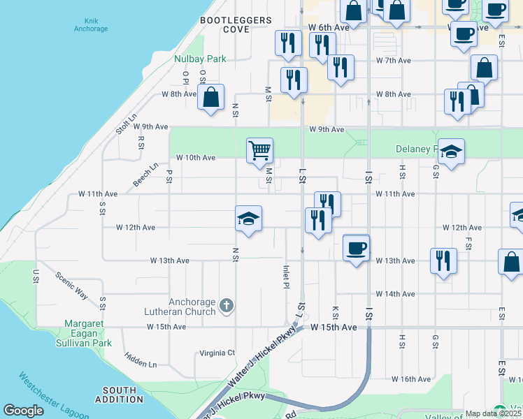 map of restaurants, bars, coffee shops, grocery stores, and more near 1143 West 12th Avenue in Anchorage