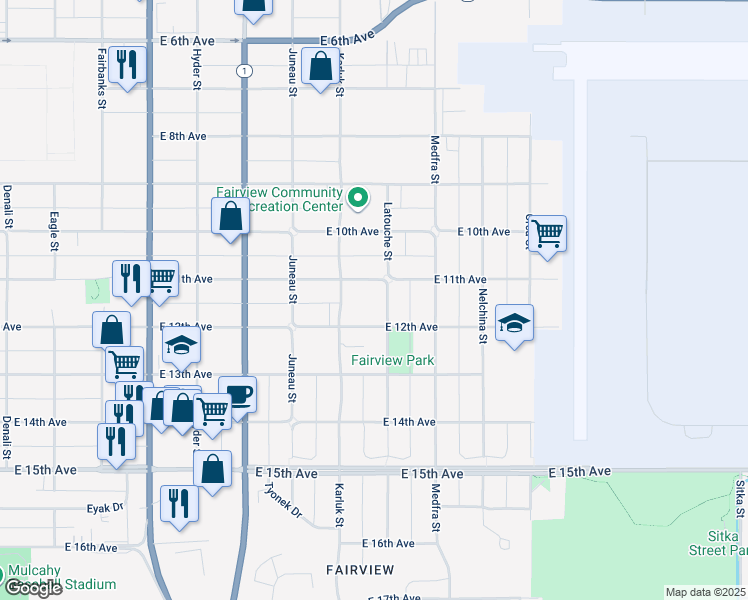 map of restaurants, bars, coffee shops, grocery stores, and more near 1114 Latouche Street in Anchorage