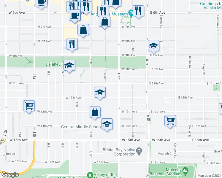 map of restaurants, bars, coffee shops, grocery stores, and more near 326 West 11th Avenue in Anchorage