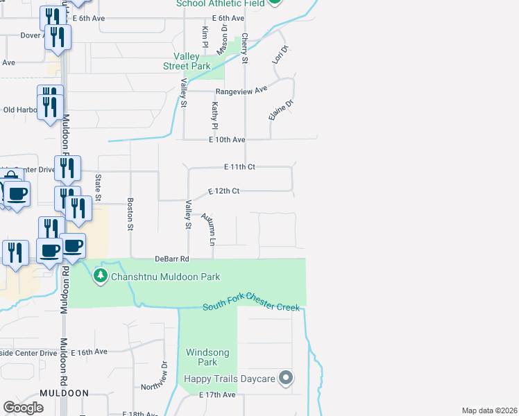 map of restaurants, bars, coffee shops, grocery stores, and more near 8531 East 12th Court in Anchorage