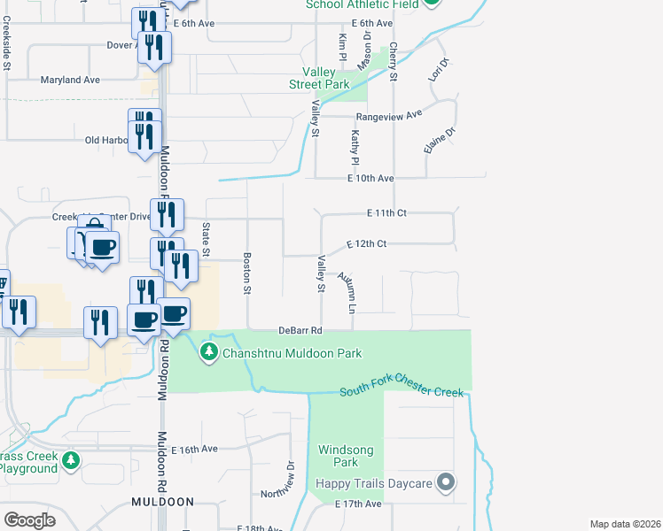 map of restaurants, bars, coffee shops, grocery stores, and more near 1131 Valley Street in Anchorage