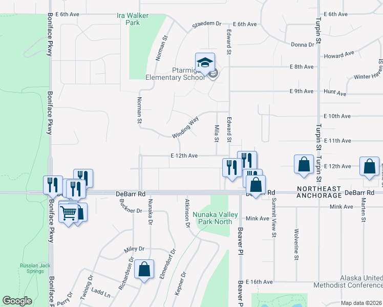 map of restaurants, bars, coffee shops, grocery stores, and more near 1139 Ril Circle in Anchorage