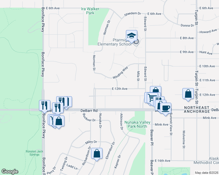 map of restaurants, bars, coffee shops, grocery stores, and more near 5928 Winding Way in Anchorage