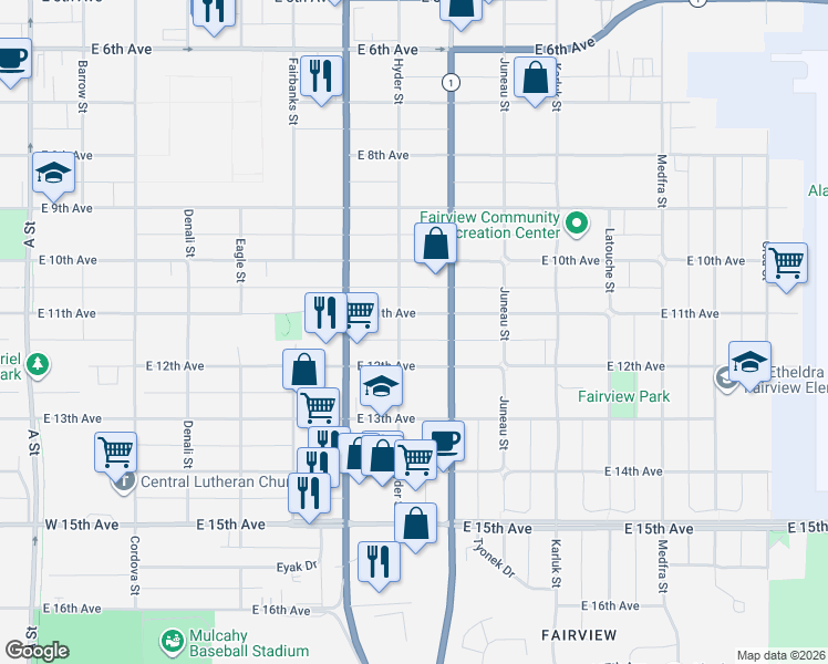 map of restaurants, bars, coffee shops, grocery stores, and more near 819 East 11th Avenue in Anchorage