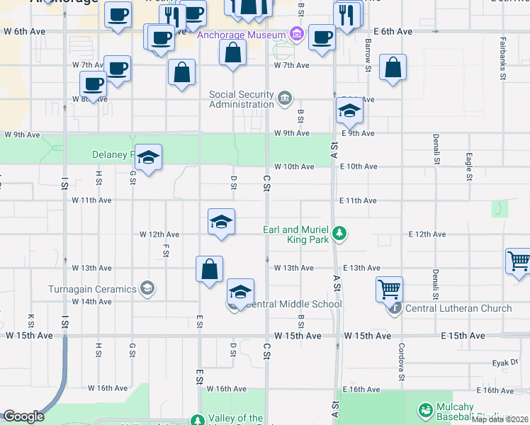 map of restaurants, bars, coffee shops, grocery stores, and more near 1040 C Street in Anchorage