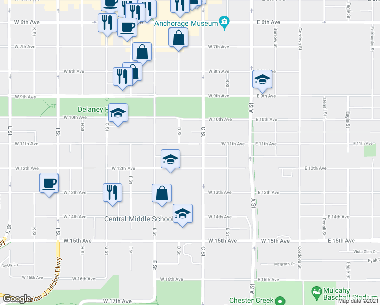 map of restaurants, bars, coffee shops, grocery stores, and more near 341 West 11th Avenue in Anchorage