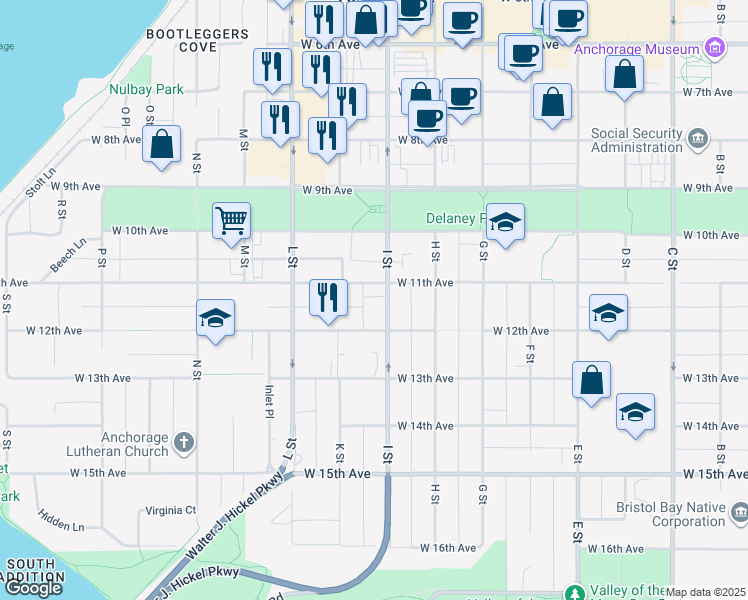 map of restaurants, bars, coffee shops, grocery stores, and more near 843 West 11th Avenue in Anchorage