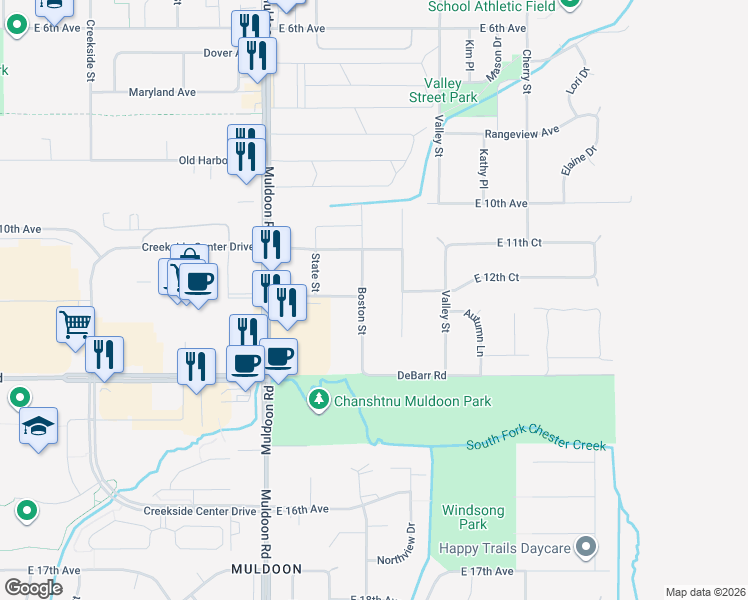 map of restaurants, bars, coffee shops, grocery stores, and more near 1111 Boston Street in Anchorage