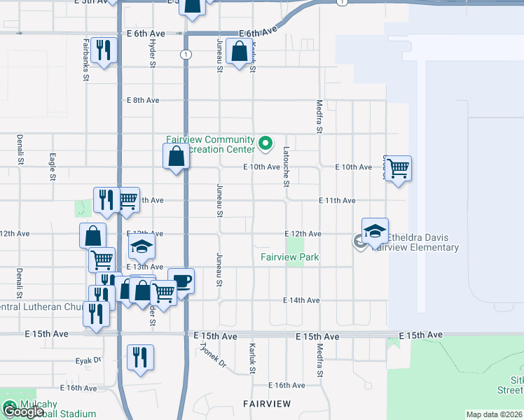map of restaurants, bars, coffee shops, grocery stores, and more near 1105 East 11th Avenue in Anchorage