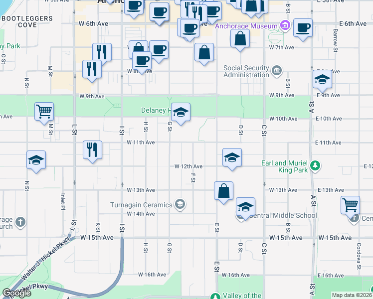 map of restaurants, bars, coffee shops, grocery stores, and more near 545 West 11th Avenue in Anchorage