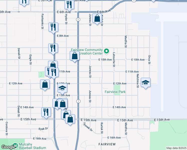 map of restaurants, bars, coffee shops, grocery stores, and more near 1029 Juneau Street in Anchorage