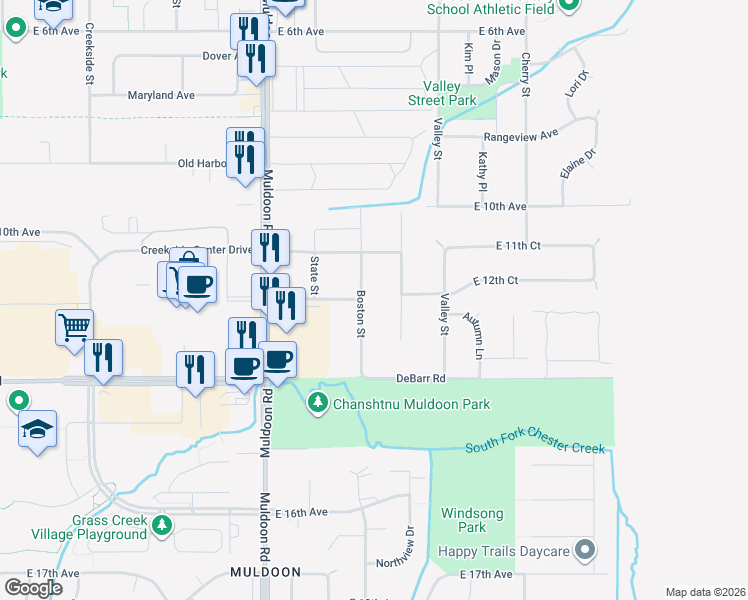 map of restaurants, bars, coffee shops, grocery stores, and more near 1111 Boston Street in Anchorage