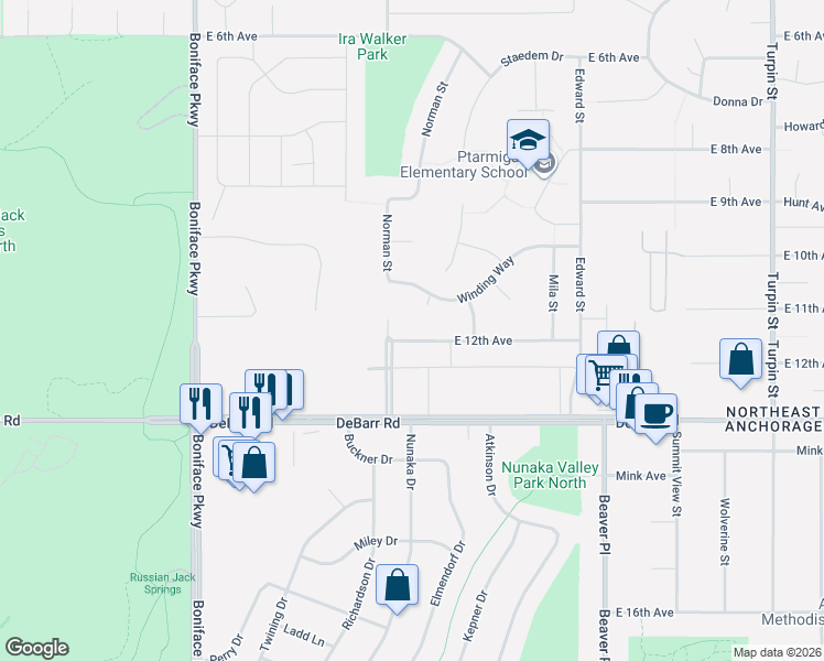 map of restaurants, bars, coffee shops, grocery stores, and more near 5816 Winding Way in Anchorage