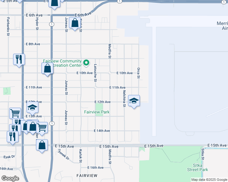 map of restaurants, bars, coffee shops, grocery stores, and more near 1036 Nelchina Street in Anchorage