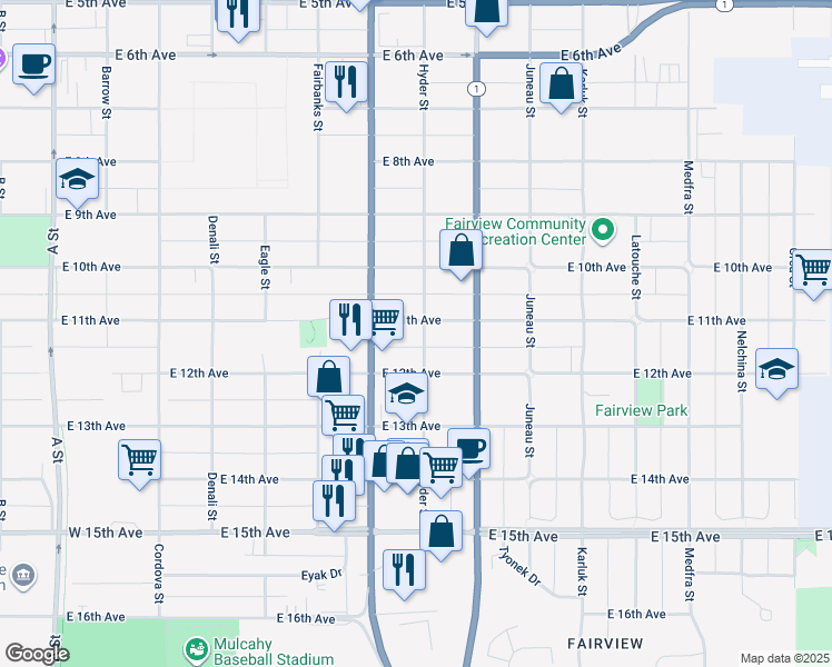 map of restaurants, bars, coffee shops, grocery stores, and more near 745 East 11th Avenue in Anchorage