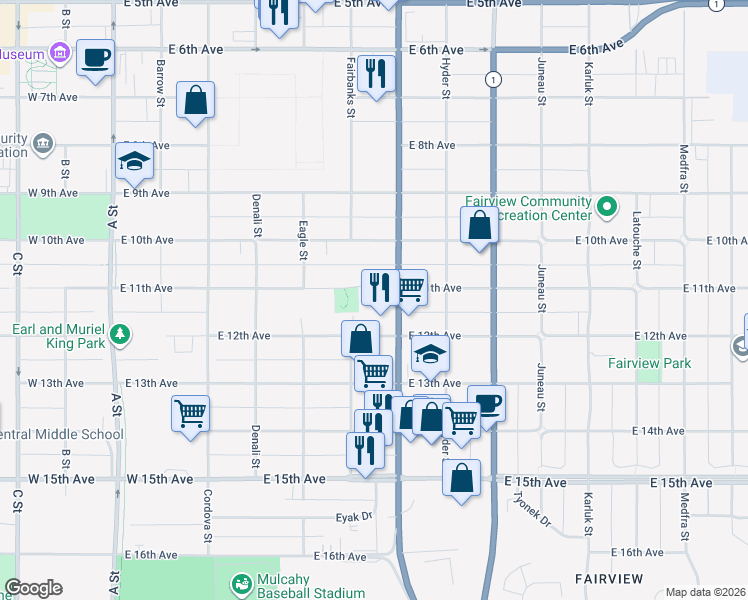 map of restaurants, bars, coffee shops, grocery stores, and more near 615 East 11th Avenue in Anchorage