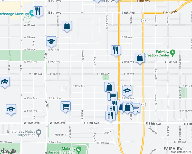 map of restaurants, bars, coffee shops, grocery stores, and more near 445 East 11th Avenue in Anchorage