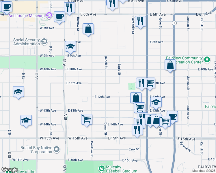 map of restaurants, bars, coffee shops, grocery stores, and more near 1029 Denali Street in Anchorage