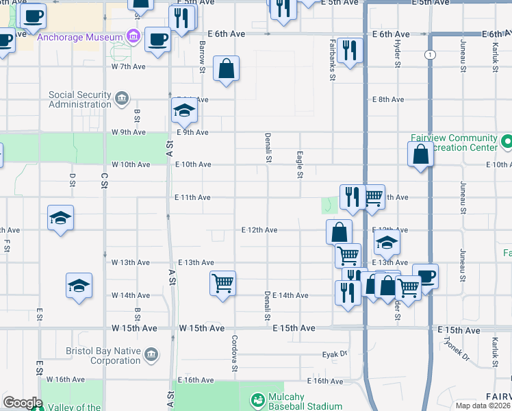map of restaurants, bars, coffee shops, grocery stores, and more near in Anchorage