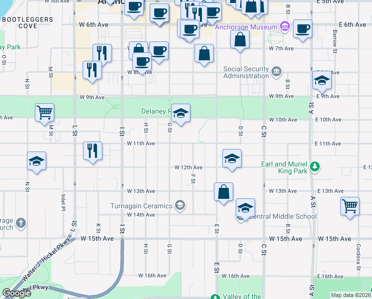 map of restaurants, bars, coffee shops, grocery stores, and more near 545 West 11th Avenue in Anchorage